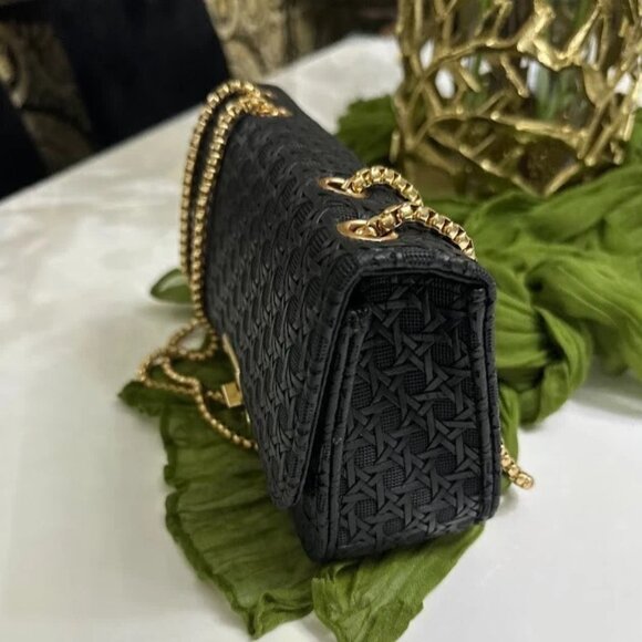 Black Textured Crossbody Bag with Gold Chain Strap Size: 7.5x4.5x2.5 inch - Picture 6 of 6